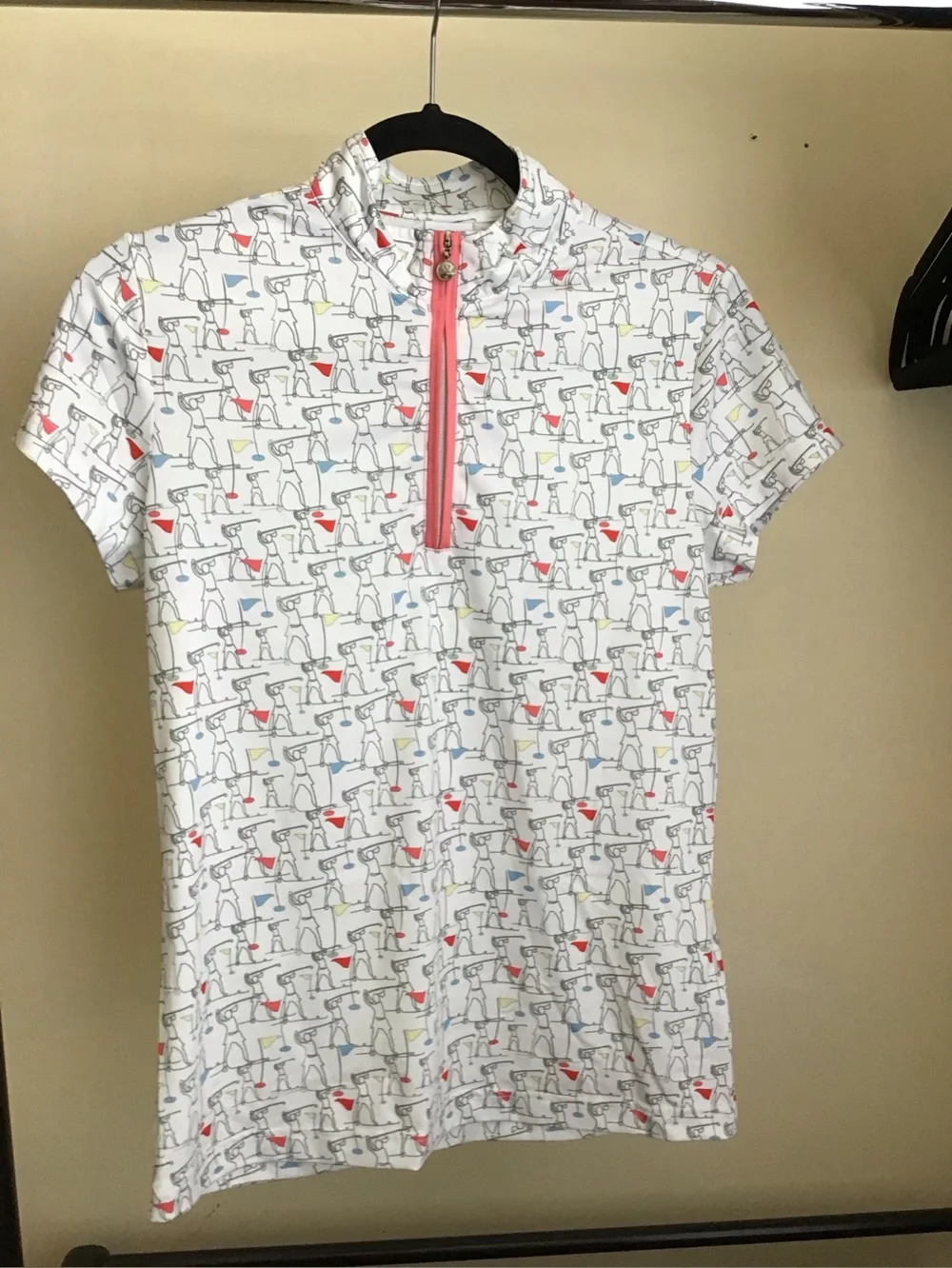 Daily Sports Wht Golf-Print Zip Polo with Coral Trim $20